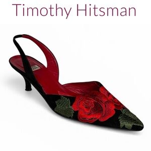 TIMOTHY HITSMAN RED ROSE EMBROIDERED SLINGBACK KITTEN HEELS POINTED TOE VINTAGE